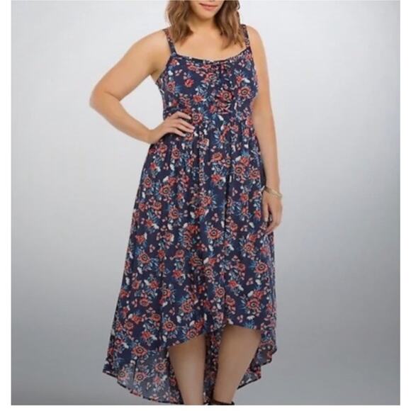 Torrid Dress Women's 0 Large Floral Navy Challis High Low Dress Corset Bust - Picture 1 of 7